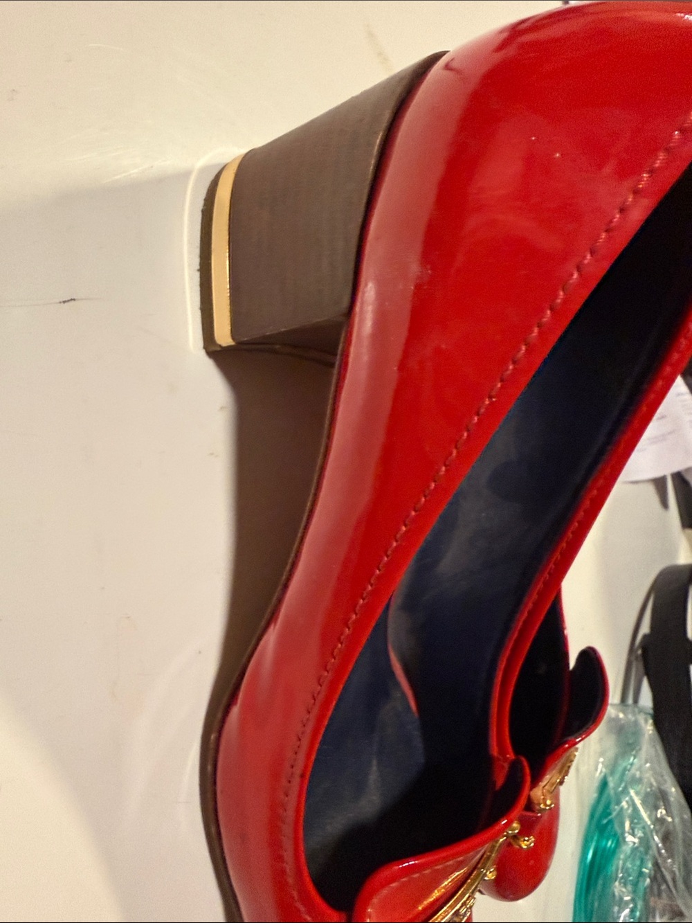 Tory Burch Red Patent Leather Logo Loafers with Gold Accent - Picture 2 of 5